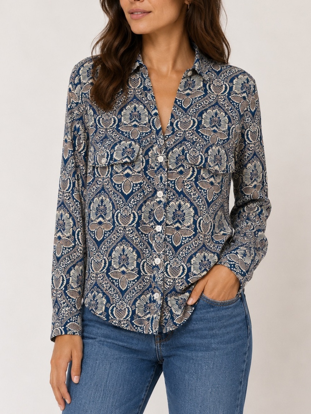 Roller Rabbit Floral Block Print Cotton Button Down Shirt Navy Cream S
